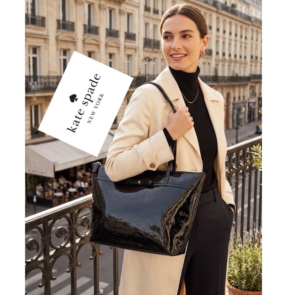 Kate Spade Black Patent Leather Polka Dot Embossed Bow Tote Bag Shoulder Bag